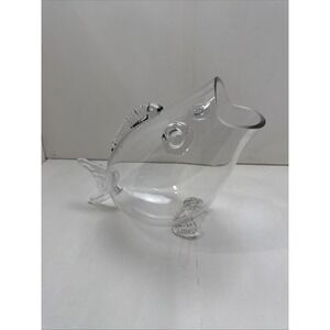 VTG Clear Hand Blown Art Glass Open Mouth Fish Vase Bowl Terrarium - HUGE  12"